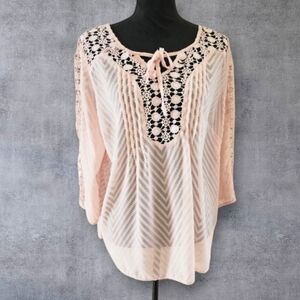 BILA Blush Pink Sheer Lace Peasant Boho Flowy Front Tie Blouse Top Womens XL